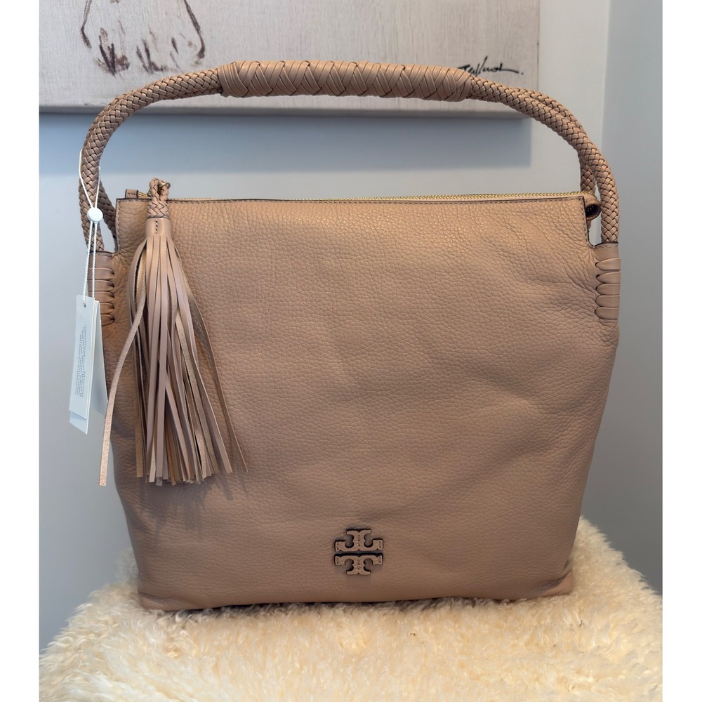 NWT Tory Burch Taylor Leather Hobo Bag Devon Sand Neutral Braided Handle Tassel
